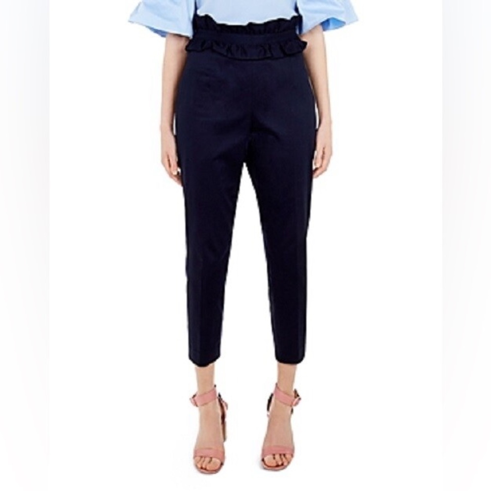 Ted Baker ($300) Saleana Ruffle Waist Tapered Navy Pants Cotton Office Sz 3 US 8
